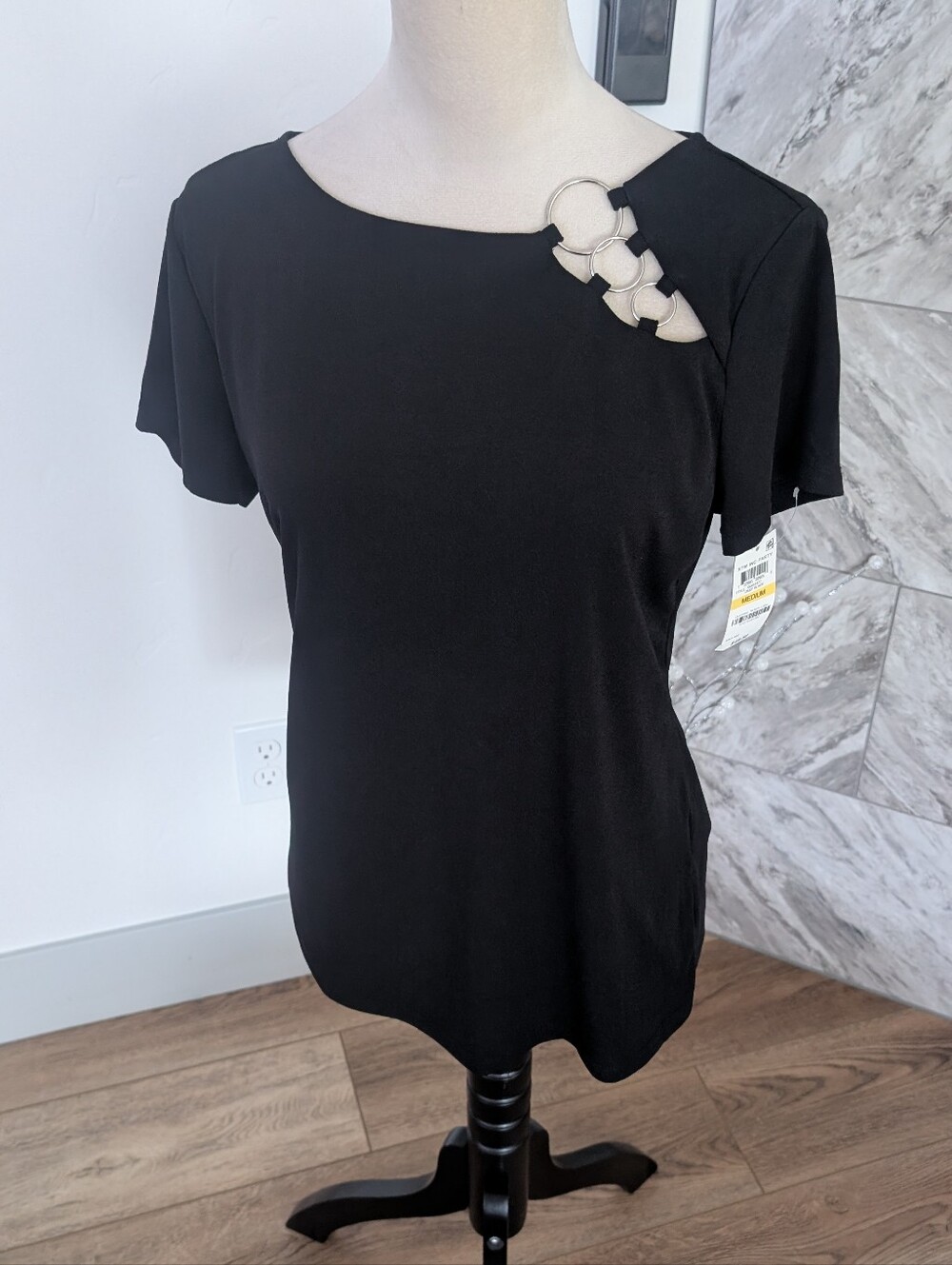 INC International Concepts Black Short-Sleeve Top with Ring Accent